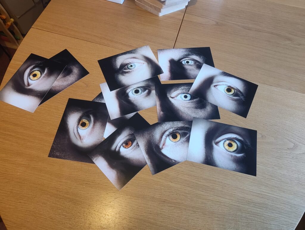 Das Bild zeigt einen Tisch, auf dem viele Fotografien liegen. Die Fotos zeigen alle Irisaufnahmen.